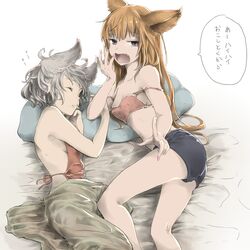  2girls alternate_hairstyle animal_ears blonde_hair breasts casual cat_ears erun_(granblue_fantasy) fang granblue_fantasy grey_eyes hair_down long_hair lying metella_(granblue_fantasy) multiple_girls nail_polish off_shoulder on_side pink_nails sayuco short_hair shorts siblings sideboob silver_hair sisters sleeping stella_(granblue_fantasy) strap_slip translated yawning 