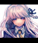  1girl bangs black_gloves black_jacket black_ribbon blue_eyes braid brown_necktie collared_shirt danganronpa:_trigger_happy_havoc danganronpa_(series) esu_(tasoesu) gloves grey_background grey_hair grey_shirt hair_ribbon hand_up highres jacket kirigiri_kyouko letterboxed long_hair long_sleeves necktie open_clothes open_jacket portrait ribbon shiny shiny_hair shirt side_braid solo 