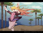  1girl artist_request blonde_hair blue_eyes dress female furry long_hair nature open_mouth outdoors plant rabbit sky solo 