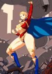  1girl arm_up armpits battle blonde_hair blue_boots blue_eyes boots breasts building cable cityscape cleavage cleavage_cutout clenched_hand damaged donson eighth_wonder evil female from_side glowing glowing_eyes haruka_athena huge_breasts large_breasts legs_apart leotard lifting light_smile long_legs looking_at_viewer lowres outdoors posing robot ruins short_hair silhouette skyscraper smile solo sparks standing star superhero thick_thighs thighs thong_leotard toned turtleneck uchi_no_musume_ni_te_wo_dasuna! under_boob underboob_cutout 