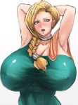  1girl armpits arms_up bianca blonde_hair blue_eyes blush braid breasts dragon_quest dragon_quest_v female gigantic_breasts long_hair looking_at_viewer ogura_anko open_mouth posing simple_background solo toned tongue white_background 