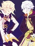  2boys armor blonde_hair cape eye_contact fire_emblem fire_emblem:_kakusei fire_emblem_if hood jigokuro looking_at_another multiple_boys my_unit_(fire_emblem:_kakusei) my_unit_(fire_emblem_if) nintendo pointy_ears short_hair silver_hair 