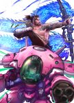  1boy 1girl arrow beard black_hair bow_(weapon) d.va_(overwatch) facial_hair hanzo_(overwatch) mecha overwatch quiver tattoo weapon yy6242 