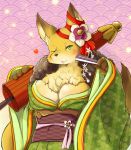  1girl breasts female flower fox furry green_eyes japanese_clothes one_eye_closed plant setouchi_kurage solo 