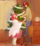  1boy 1girl brown_eyes brown_hair caius_qualls christmas cloak dress flower lazy_rabbit long_hair multicolored_hair open_mouth pants pink_hair ponytail rubia_natwick shoes short_hair tales_of_(series) tales_of_the_tempest 