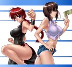  2girls bare_legs bare_shoulders blue_eyes blush braid breasts brown_eyes brown_hair china_dress chinese_clothes cleavage denim denim_shorts dress female fighting_stance genderswap grin kagami_hirotaka large_breasts leg_up legs looking_at_viewer money multiple_girls parted_lips pose ranma-chan ranma_1/2 redhead saotome_ranma shorts side_slit smile source_request tendou_nabiki thighs 