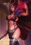  1girl armpits black_legwear blue_nails bracer breasts cape cleavage collarbone cowboy_shot dantewontdie emilia_leblanc energy high_collar large_breasts league_of_legends long_hair looking_away nail_polish navel parted_lips pelvic_curtain purple_hair revealing_clothes sideboob smile solo stomach thigh-highs tiara violet_eyes watermark web_address 