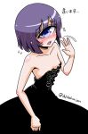  1girl bare_shoulders black_dress blue_eyes blush breasts collarbone cyclops dress flying_sweatdrops manako monster_girl monster_musume_no_iru_nichijou one-eyed open_mouth purple_hair shake-o simple_background small_breasts solo translation_request twitter_username white_background 