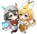  animal_ears backpack bag blush bow bowtie chibi gloves hand_holding hat_feather helmet high-waist_skirt kaban_(kemono_friends) kemono_friends looking_at_viewer pith_helmet print_gloves red_shirt serval_(kemono_friends) serval_ears serval_print serval_tail shirt skirt striped_tail tail vsi0v 