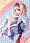  1girl alice_margatroid barefoot blonde_hair blue_eyes blush capelet hairband highres legs sash short_hair touhou ziran_juan 