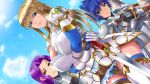  3girls armor belt blonde_hair blue_eyes blue_hair breasts chastity_belt cleavage crossed_arms green_eyes highres holy_knights_vs_heretic_gang huge_breasts inja_no_kuruwa legs long_hair looking_at_viewer multiple_girls purple_hair red_eyes serious short_hair sky smile standing sword thighs 