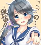  1girl akebono_(kantai_collection) akebono_(kantai_collection)_(cosplay) alternate_hairstyle black_hair blue_eyes blush close-up collarbone commentary_request cosplay flower hair_flower hair_ornament highres houshou_(kantai_collection) kantai_collection long_hair looking_at_viewer open_mouth pointing pointing_at_viewer sazamiso_rx school_uniform serafuku side_ponytail simple_background solo tears translation_request upper_body 
