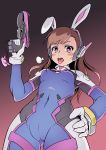  1girl animal_ears blush bodysuit brown_hair covered_navel d.va_(overwatch) facial_mark gun hand_on_hip headphones long_hair looking_at_viewer open_mouth overwatch rabbit_ears rke solo sweat sweatdrop tongue tongue_out weapon 