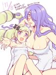  2girls bare_shoulders blonde_hair bow breasts camilla_(fire_emblem_if) cleavage elise_(fire_emblem_if) fire_emblem fire_emblem_if hair_bow hair_over_one_eye hand_on_hip hand_on_own_face hiwa_kurige large_breasts lips long_hair looking_at_viewer lying multiple_girls naked_towel on_back open_mouth parted_lips purple_hair reaching siblings sisters sitting small_breasts smile towel twintails violet_eyes 