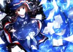  1girl bangs book boots brown_eyes brown_hair bubble dress hat highres long_hair looking_up oounabara_to_wadanohara paper pointy_ears ribbon sailor_collar sailor_dress sitting smile solo stairs stairway_(artist) twintails underwater wadanohara 