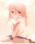  1girl artist_request copyright_request female full_body furry gradient gradient_background pink_hair rabbit red_eyes school_uniform skirt solo tears thigh-highs uniform 