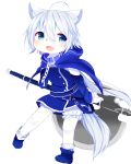  androgynous artist_request blue_eyes copyright_request dog full_body furry short_hair simple_background solo sword white_background white_hair 