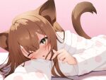  1girl animal_ears arm_pillow bangs blonde_hair blush brown_hair cat_ears cat_girl cat_tail chestnut_mouth finger_heart fingernails haiba_09 hair_over_eyes hair_strand long_hair long_sleeves looking_at_viewer lying on_side one_eye_closed original outstretched_arm pajamas pink_background polka_dot polka_dot_pajamas solo tail upper_body 