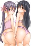  2girls ahoge akebono_(kantai_collection) ass bell black_hair blush bra brown_eyes camisole flower frills from_behind hair_bell hair_flower hair_ornament hand_holding kantai_collection lingerie long_hair looking_back mizushina_minato multiple_girls panties pink_bra pink_panties purple_hair side_ponytail thong underwear underwear_only ushio_(kantai_collection) violet_eyes 