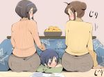  1boy 2girls ahoge ass blue_hair blush brown_eyes brown_hair curvy food fruit hair_bun hairband huge_ass indoors kotatsu mandarin_orange mature milf mother_and_son multiple_girls orange original plump simple_background sweater table wide_hips zinger_(excess_m) 