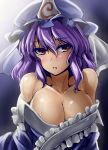  1girl bare_shoulders blush breasts cleavage close-up collarbone female frills gradient gradient_background hair_between_eyes hat highres japanese_clothes kimono large_breasts off_shoulder parted_lips purple_hair red_eyes saigyouji_yuyuko shiny shiny_skin short_hair simple_background solo sweatdrop touhou upper_body y2 
