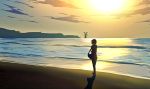  1girl aya_(star) ocean original shore short_hair silhouette sketch skirt skirt_lift sky sun water windmill 
