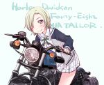 1girl absurdres bangs birthday blonde_hair character_name commentary_request english_text ground_vehicle highres jacket looking_at_viewer love_live! love_live!_nijigasaki_high_school_idol_club love_live!_school_idol_festival_all_stars maruyo mia_taylor motor_vehicle motorcycle riding short_hair smile solo violet_eyes 
