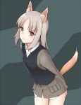  1girl animal_ears blush brave_witches brown_eyes covering covering_ass edytha_rossmann fox_ears fox_tail looking_at_viewer military military_uniform momiji7728 short_hair silver_hair simple_background solo strike_witches tail uniform vest wavy_mouth world_witches_series 