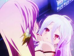  2girls animated animated_gif blush breasts halo hug jibril_(no_game_no_life) multiple_girls no_game_no_life pink_hair shiro_(no_game_no_life) silver_hair 