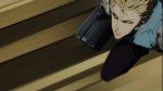 1boy animated animated_gif armor black_sclera blonde_hair cyborg genos male_focus mechanical_arms one-punch_man subtitled suitcase 