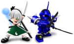  1girl chibi dual_wielding efreet_(gundam) green_eyes gundam gundam_cross_dimension_0079 konpaku_youmu mecha mobile_suit_gundam sword touhou weapon 