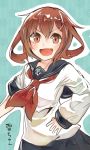  &gt;:) 1girl blush brown_eyes brown_hair character_name ikazuchi_(kantai_collection) itomugi-kun kantai_collection orange_eyes pixiv_manga_sample school_uniform serafuku short_hair smile solo 