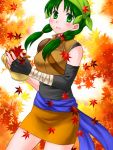  1girl 74 asymmetrical_clothes bandanna black_gloves blush braid elbow_gloves fingerless_gloves fire_emblem fire_emblem:_rekka_no_ken gloves green_eyes green_hair leaf leaf_background low_twintails orange_background rebecca_(fire_emblem) short_hair smile solo twin_braids twintails 