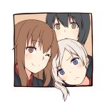  3girls :&lt; black_hair blonde_hair blue_eyes brown_eyes brown_hair fernandia_malvezzi looking_at_viewer luciana_mazzei martina_crespi momiji7728 multiple_girls one_eye_closed open_mouth side_ponytail smile strike_witches 