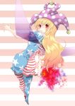  1girl american_flag_dress american_flag_legwear american_flag_shirt ass bangs blonde_hair blush clownpiece dress fairy_wings full_body hand_up hat highres jester_cap komiru legs long_hair looking_at_viewer looking_back pantyhose pink_background red_eyes shiny shiny_hair short_dress short_sleeves smile solo striped striped_background thighs torch touhou waist white_background wings 