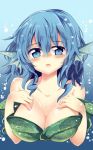  1girl bare_shoulders blue_background blue_eyes blue_hair blush breasts bubble cleavage collarbone drill_hair female full-face_blush gradient gradient_background head_fins jpeg_artifacts large_breasts looking_at_viewer matsuri_uta maturiuta_sorato off_shoulder open_mouth short_hair solo touhou underwater upper_body wakasagihime 