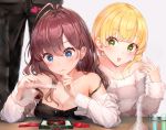  2girls :3 antenna_hair asymmetrical_hair bangs bare_shoulders blonde_hair blunt_bangs blush box breast_rest breasts casual chocolate chocolate_heart cleavage collarbone dress_shirt earrings eyebrows_visible_through_hair fingernails gift gift_box green_eyes hair_between_eyes heart highres ichinose_shiki idolmaster idolmaster_cinderella_girls indoors jewelry long_fingers long_hair long_sleeves love_potion medium_breasts miyamoto_frederica multiple_girls nail_polish off-shoulder_sweater off_shoulder open_clothes open_shirt pink_nails shirt short_hair_with_long_locks sidelocks sleeveless sleeveless_shirt somalisu sweater table upper_body valentine white_shirt white_sweater 