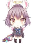  1girl animal_ears blush cardigan chibi elin_(tera) halo jpeg_artifacts kneehighs light_frown momoko_(momopoco) plaid plaid_skirt purple_hair rabbit_ears school_uniform simple_background skirt solo stitches stuffed_animal stuffed_toy teddy_bear tera_online white_background wings 