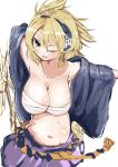  1girl ;d belly blush breasts earmuffs female highres large_breasts looking_at_viewer navel one_eye_closed open_mouth plump pointy_hair sarashi sketch smile solo takashi_(nekoro) touhou toyosatomimi_no_miko tsurime undressing 