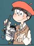  1boy beret black_hair blue_background blush_stickers child dual_persona hat hourensou_(00290071) male_focus matsuno_osomatsu miniboy monochrome oldschool osomatsu-kun osomatsu-san pencil sextuplet_(osomatsu-kun) simple_background star sweater_vest upper_body wing_collar 