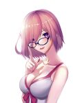  1girl adjusting_eyewear blush breasts cleavage collarbone dress eyes_visible_through_hair fate/grand_order fate_(series) freze glasses hair_between_eyes hair_over_one_eye highres index_finger_raised large_breasts lavender_hair looking_at_viewer mash_kyrielight open_mouth short_hair smile solo upper_body violet_eyes white_background 