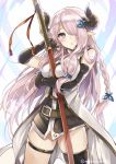  1girl :o bare_shoulders belt blue_eyes doraf elbow_gloves gloves granblue_fantasy hair_ornament hair_over_one_eye heart heart-shaped_pupils horns katana mishima_kurone narumeia_(granblue_fantasy) pink_hair single_thighhigh solo sword symbol-shaped_pupils thigh-highs thigh_strap twitter_username weapon 