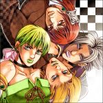  2boys 2girls araki_hirohiko_(style) armor armored_dress belt blonde_hair braid breasts dress earrings face gloves green_eyes gustaf jacket jewelry jojo_no_kimyou_na_bouken long_hair looking_at_viewer maronee_san multi-tied_hair multiple_boys multiple_girls parody primiera_(saga) redhead roberto saga saga_frontier saga_frontier_2 shirtless staff style_parody virginia_knights white_hair 