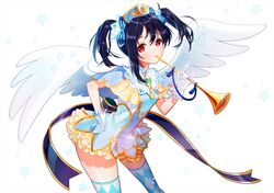  1girl black_hair blush dress female gloves hat love_live!_school_idol_project musical_instrument rarumi red_eyes ribbon short_hair smile star thigh-highs twintails wings yazawa_nico 