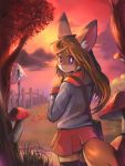  1girl artist_request brown_hair female fox furry long_hair nature outdoors plant skirt sky solo violet_eyes walking 