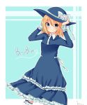  1girl adjusting_clothes adjusting_hat artist_request bangs betty_blue_(bury) blonde_hair blue_dress blue_eyes blush bury character_name copyright_name dress frills hat looking_at_viewer smile solo 