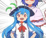  2girls antinomy_of_common_flowers black_hat blue_hair blush capelet commentary dot_nose food frills fruit hands_on_hips hat height_difference hinanawi_tenshi kapiten70 long_hair looking_at_viewer multiple_girls nagae_iku open_mouth peach purple_hair red_eyes shaded_face shawl short_hair sweat touhou very_long_hair 
