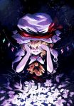 1girl blonde_hair clenched_teeth covering_eyes crying crystal fangs flandre_scarlet flower glowing hat hat_ribbon highres mob_cap puffy_sleeves ribbon shirt short_sleeves side_ponytail solo tears teeth touhou uni_(bom19850101) upper_body vest wings 