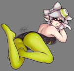  1girl ass bare_shoulders food food_on_head green_legwear hotaru_(splatoon) looking_at_viewer mole mole_under_eye nintendo object_on_head pantyhose pointy_ears puroburebu-dan silver_hair solo splatoon symbol-shaped_pupils yellow_eyes 