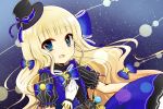  1girl :d bangs black_hat black_shirt blonde_hair blue_bow blue_eyes blue_skirt blunt_bangs blush bow center_frills character_request crescent eyebrows_visible_through_hair frills gloves hair_bow hand_on_own_chest hat long_hair looking_at_viewer mini_hat mini_top_hat open_mouth puffy_short_sleeves puffy_sleeves shironeko_project shirt short_sleeves skirt smile solo space star star_(sky) star_in_eye striped top_hat vertical_stripes very_long_hair white_gloves yukiyuki_441 